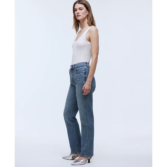 NWT Madewell The 90s Straight Jean 25 Shimmery Clear Rhinestones Enmore Wash - Picture 3 of 16